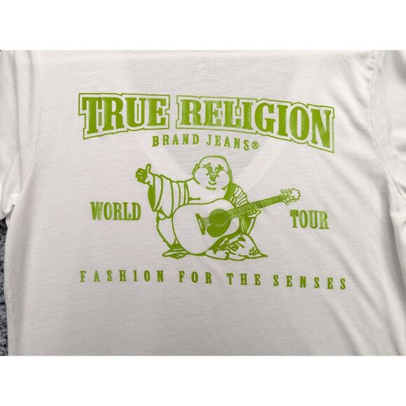 True Religion V Neck T Shirt Size LG Slim Fit Y2K Graphic Print Preppy White - Picture 7 of 11